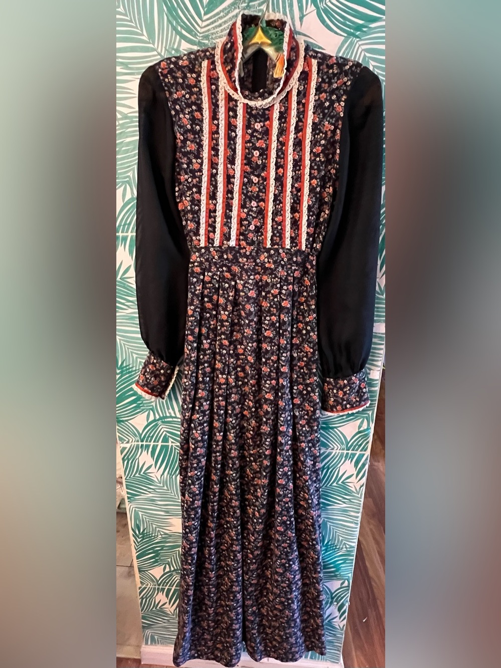 Vintage 1970’s Long Sleeve Prairie High-Neck Maxi Dress w/ lace & button detail